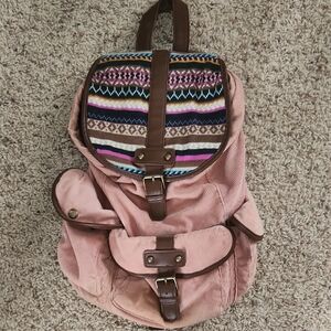 Candie's Corduroy Pink Backpack with Patterned Flap and Brown Straps